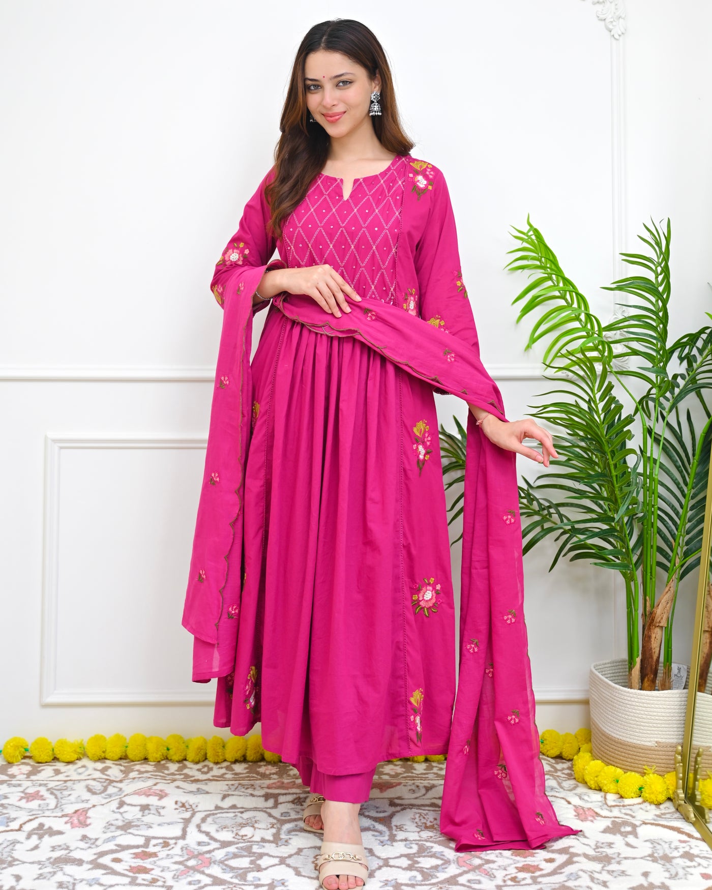 Pink Noor Garden Threadwork Mul Chanderi A Line Suit