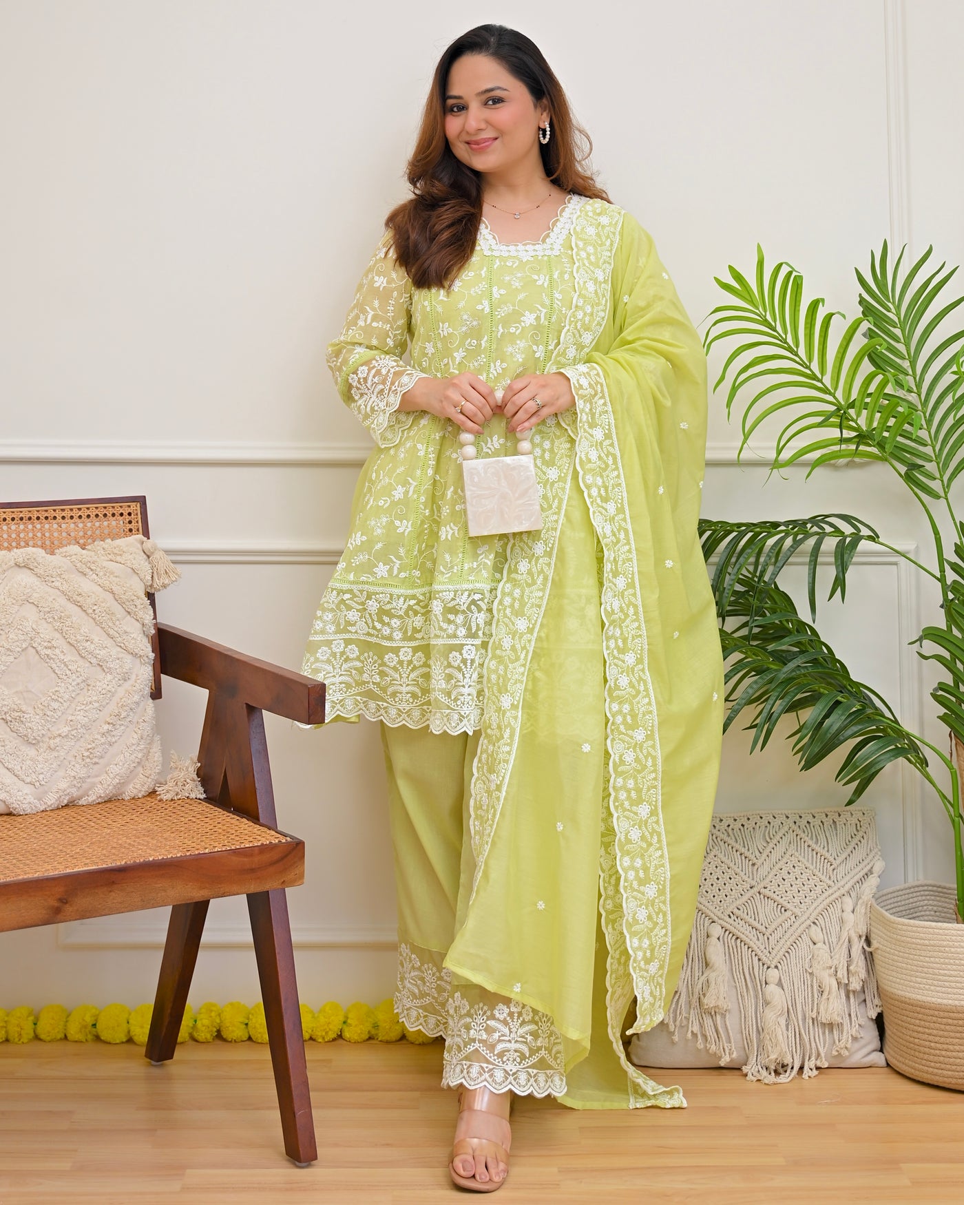 Lime Mist Mul Chanderi Lucknowi Suit