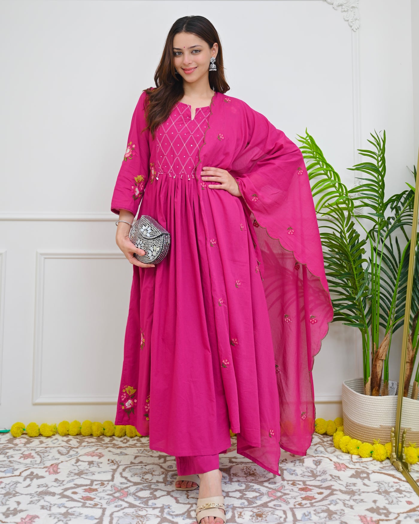 Pink Noor Garden Threadwork Mul Chanderi A Line Suit
