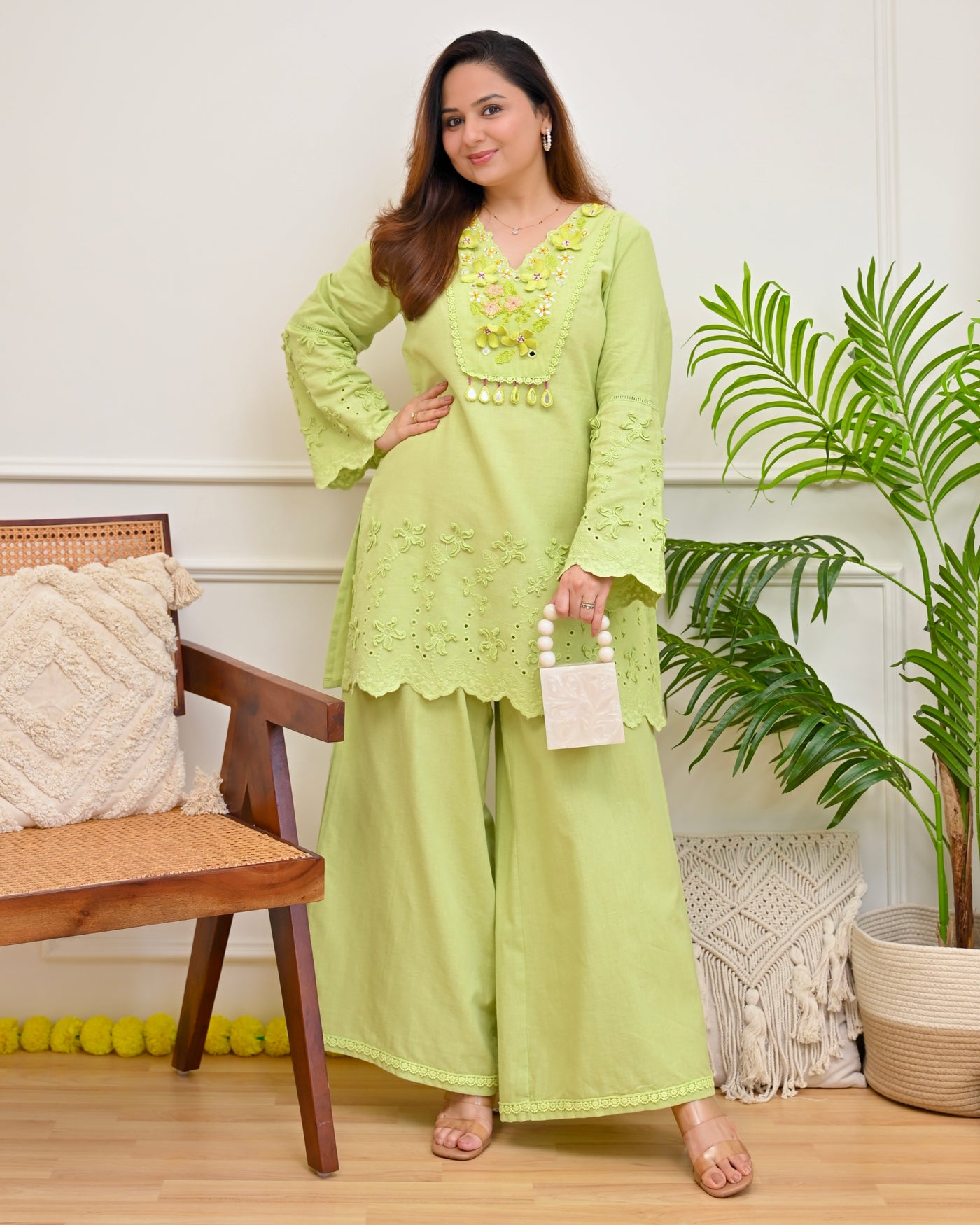 Pista Applique Schiffli Handwork Cotton Co-ord