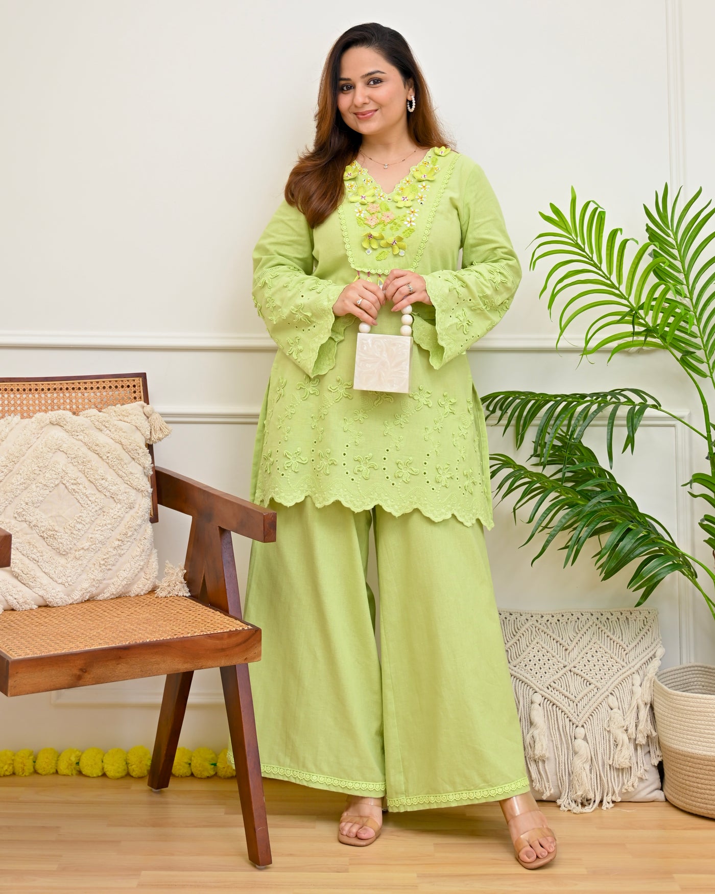 Pista Applique Schiffli Handwork Cotton Co-ord