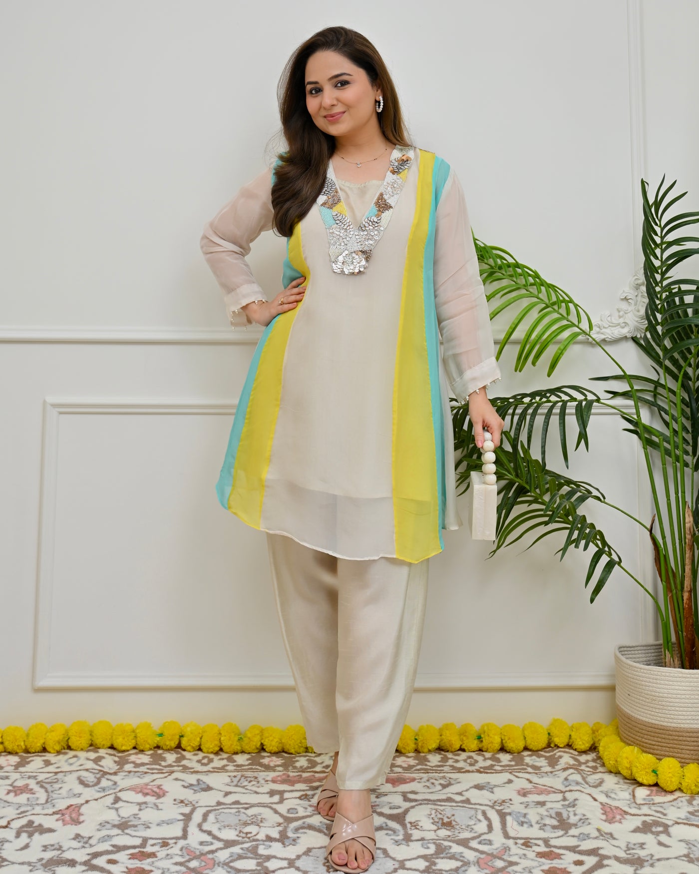 Lemon Aqua Noor Handwork Organza Co-ord
