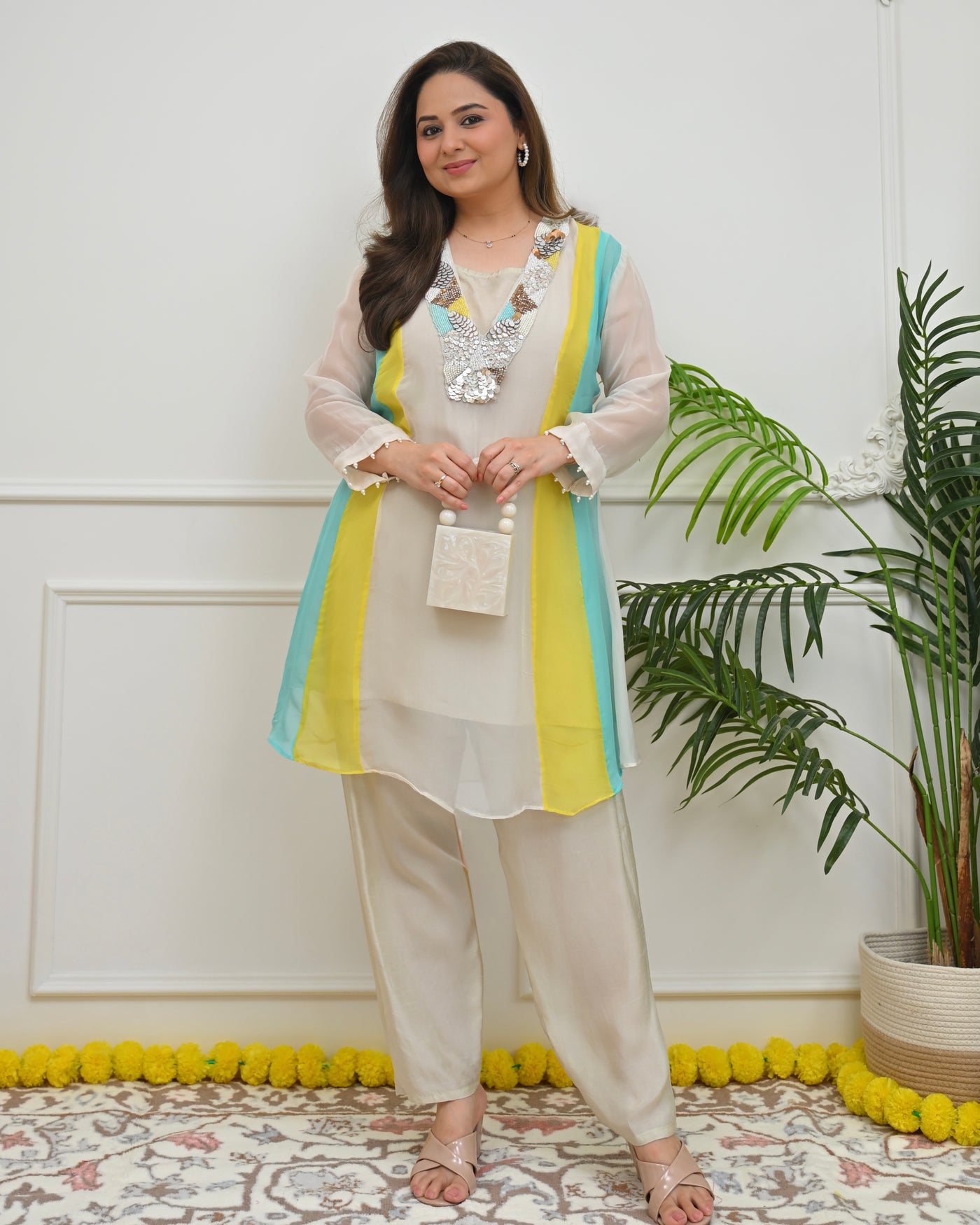 Lemon Aqua Noor Handwork Organza Co-ord