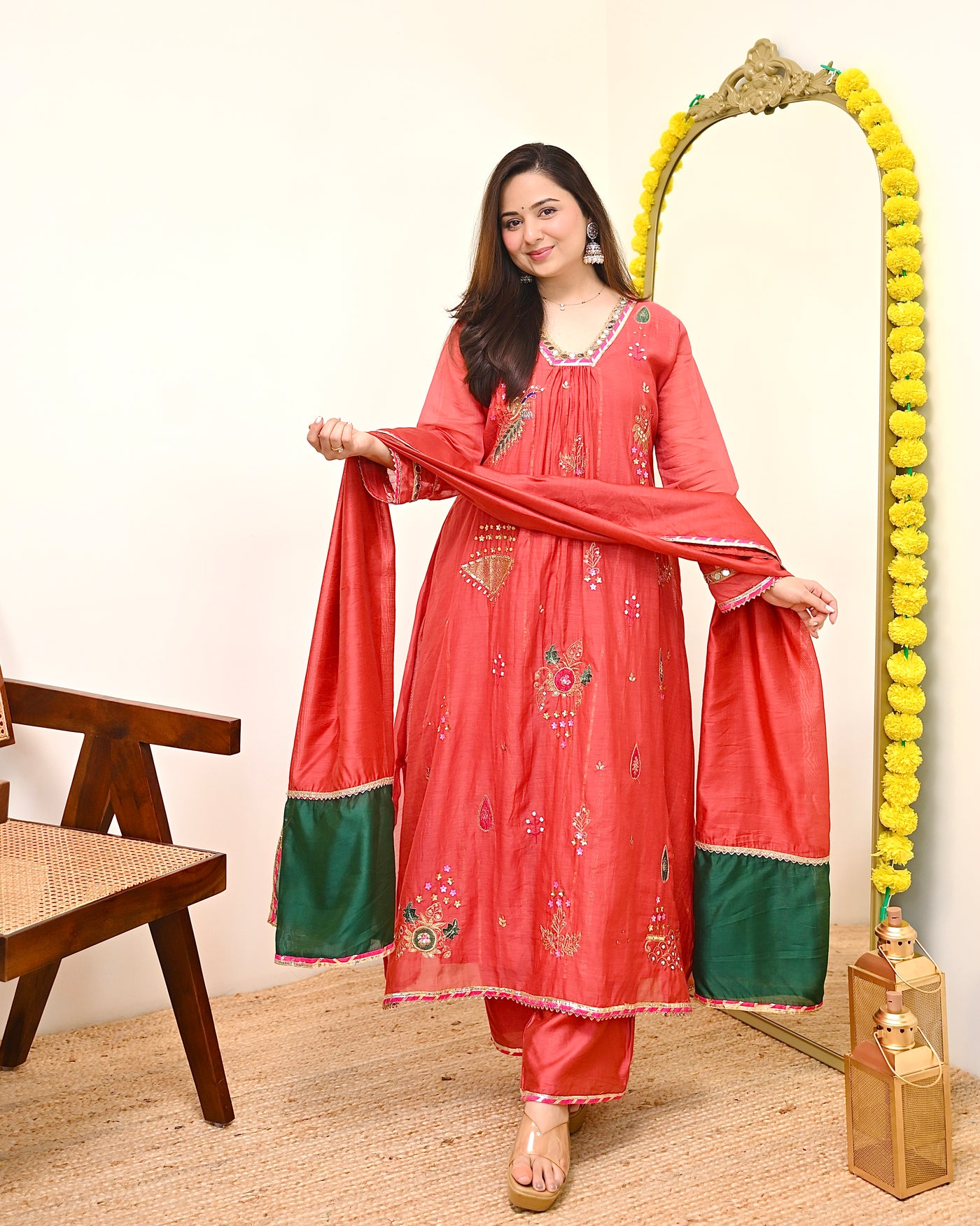 Coral Gulmohar Mirror Muse Mul Chanderi A Line Suit