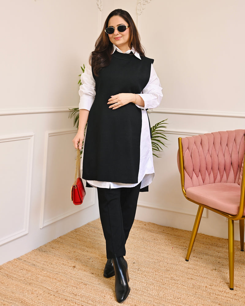 Black Side-Knot Layered Sweater Shirt