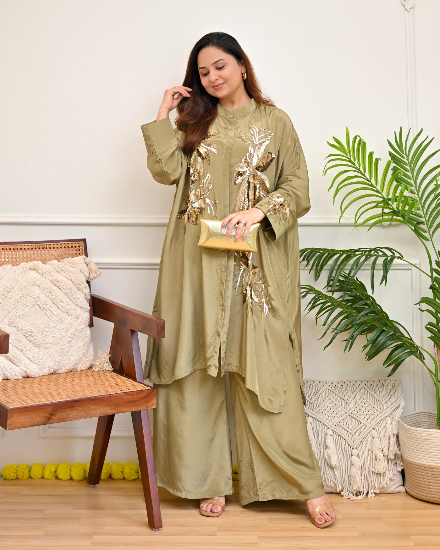 Sage Gold Sequin Premium Crepe Co-ord