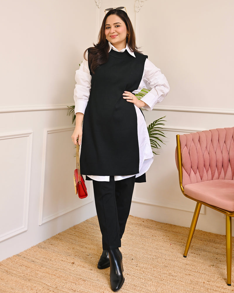 Black Side-Knot Layered Sweater Shirt