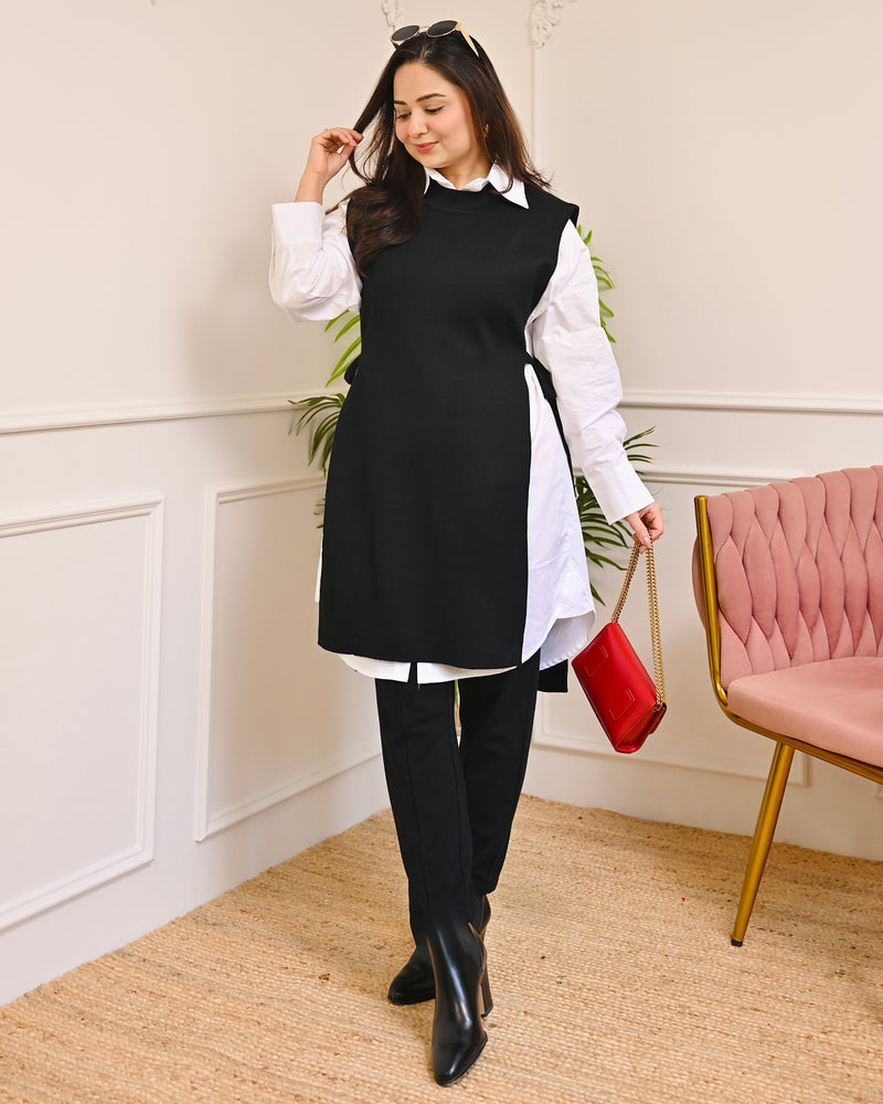 Black Side-Knot Layered Sweater Shirt