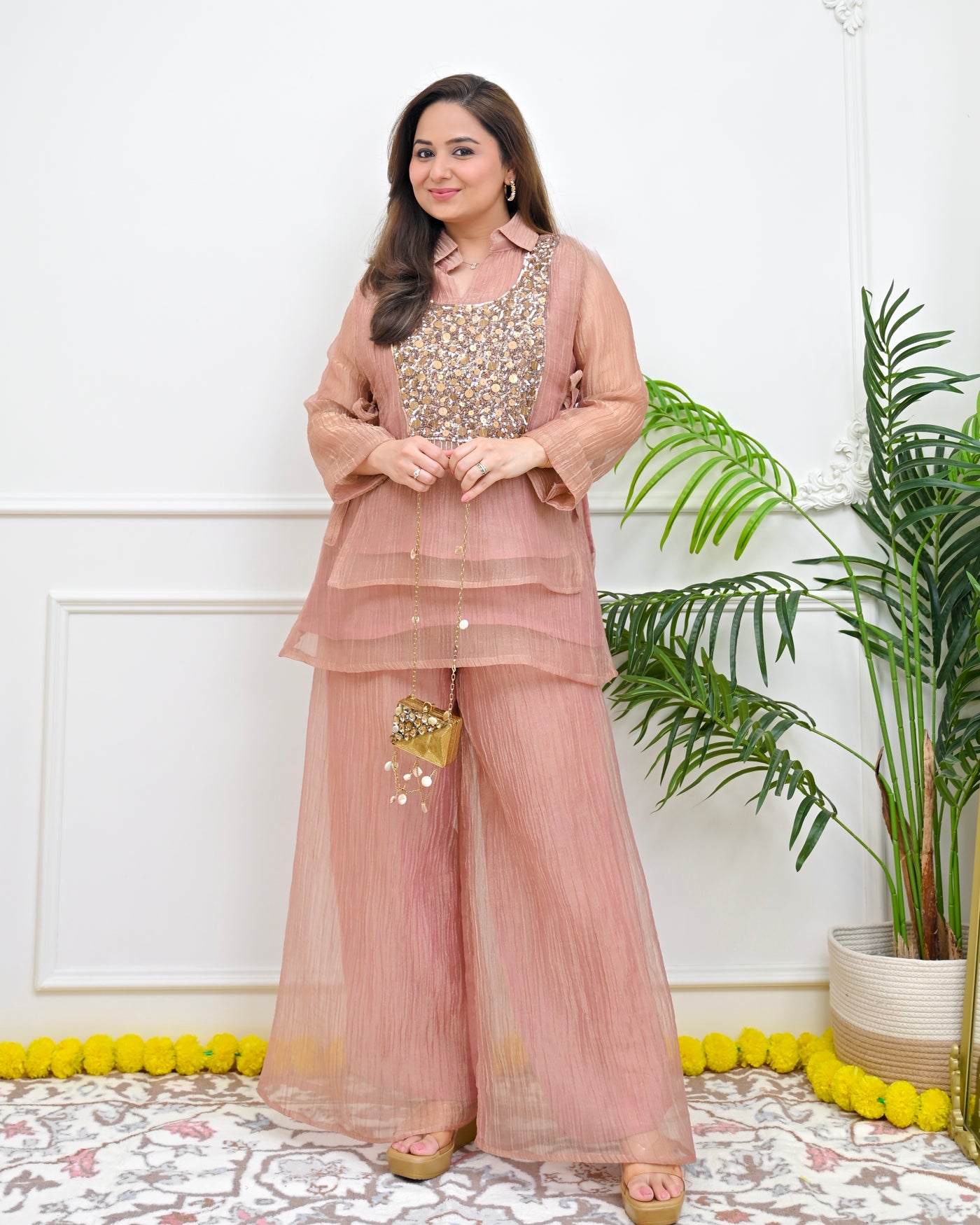 Rose Gold Sequin Handwork Crush Tissue Co-ord