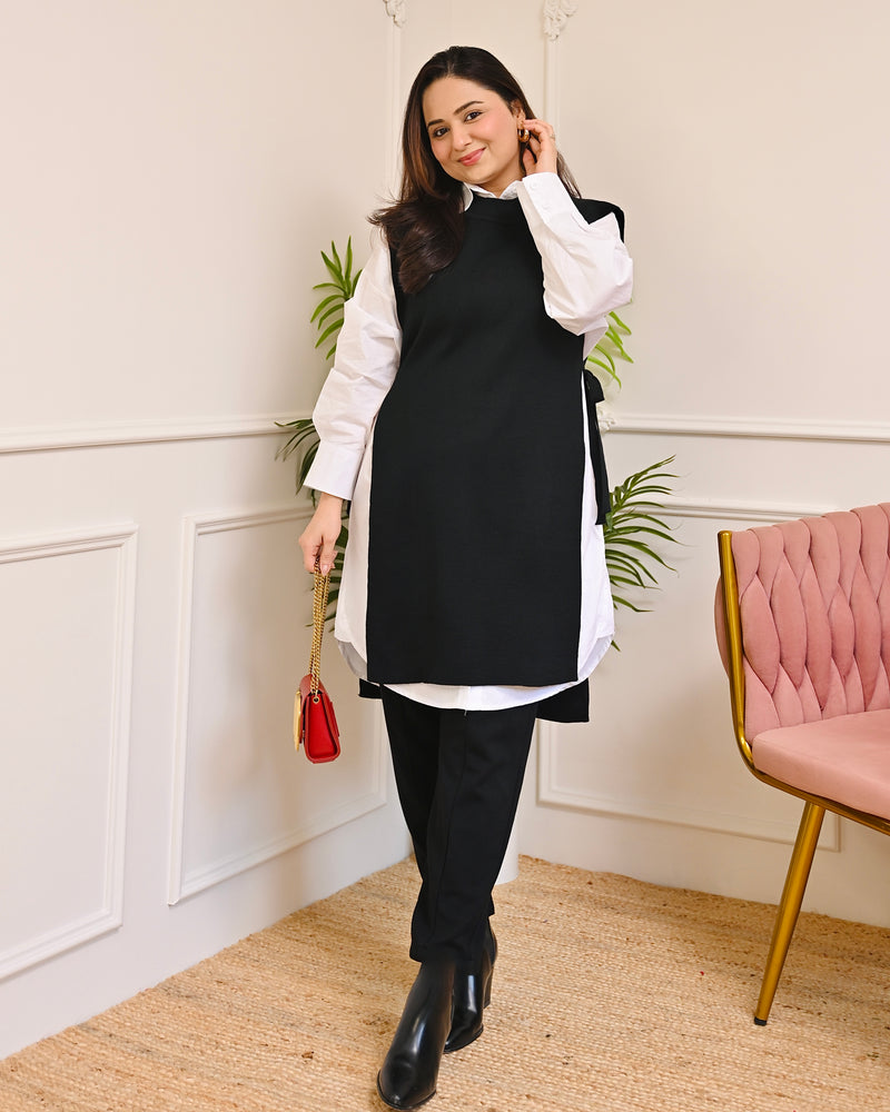 Black Side-Knot Layered Sweater Shirt