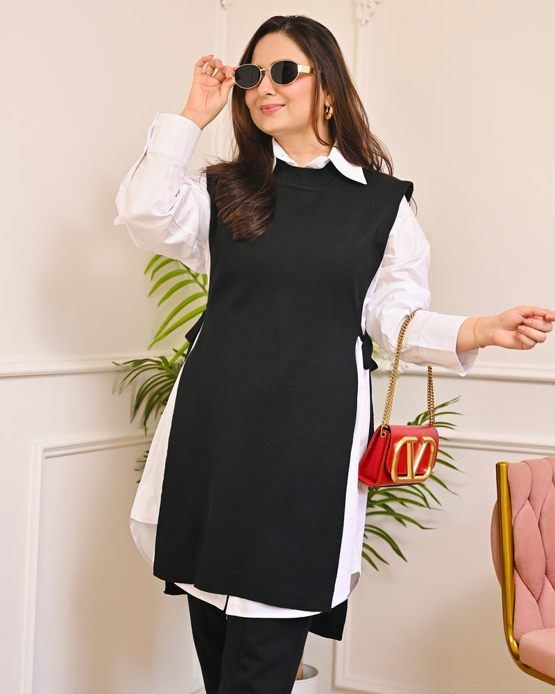 Black Side-Knot Layered Sweater Shirt