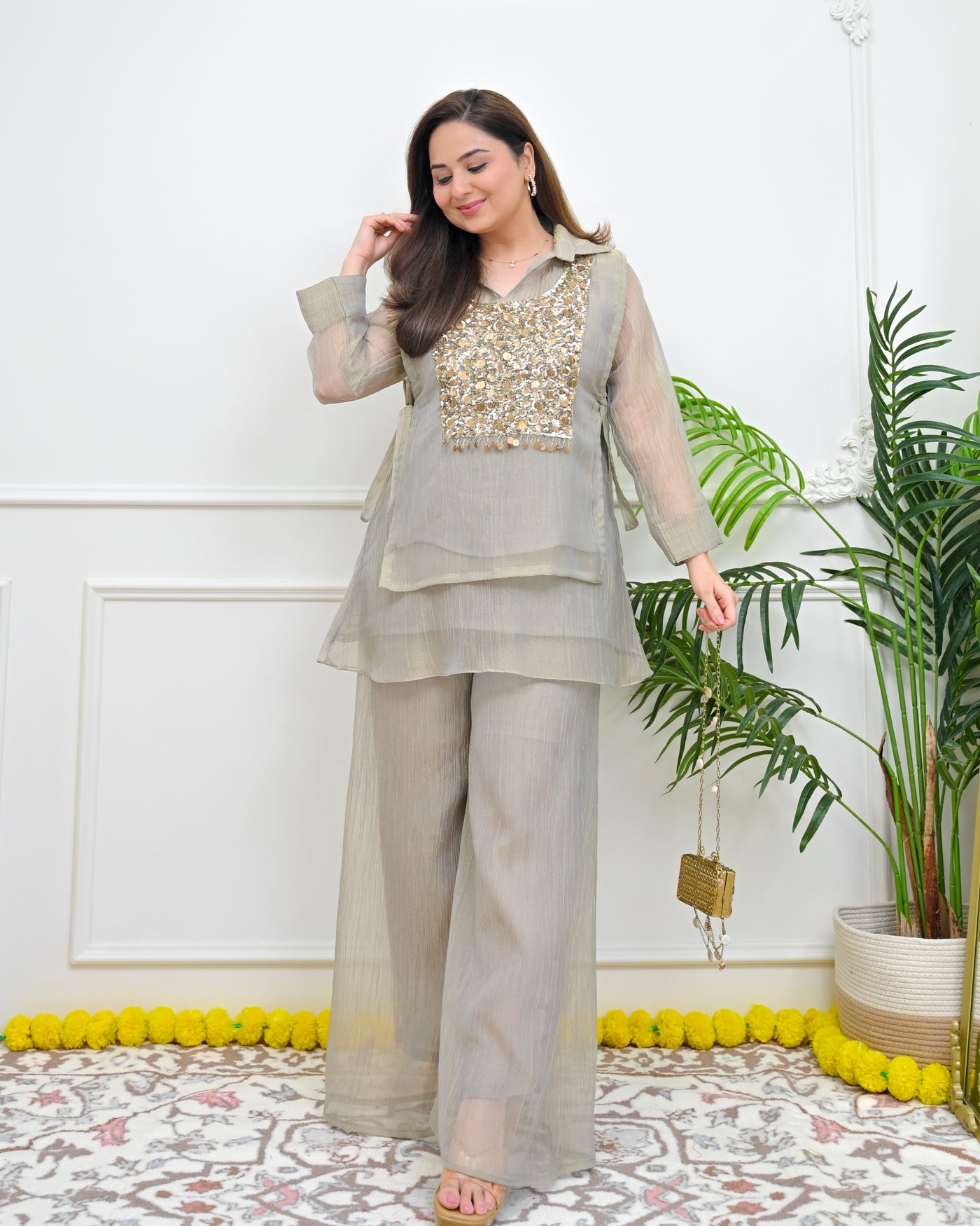Sage Gold Sequin Handwork Crush Tissue Co-ord