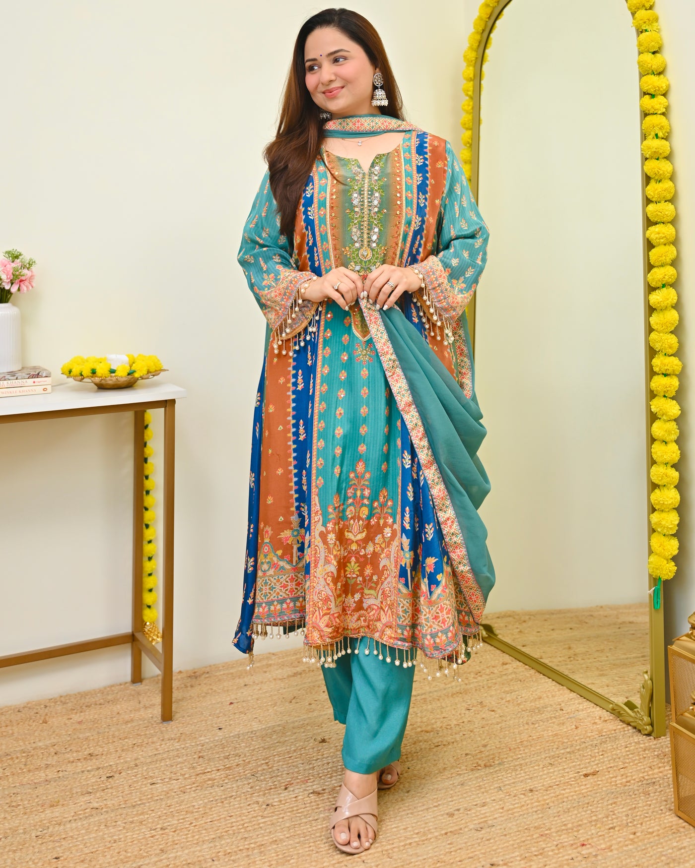 Teal Mehfil Handwork Crepe A Line Festive Suit