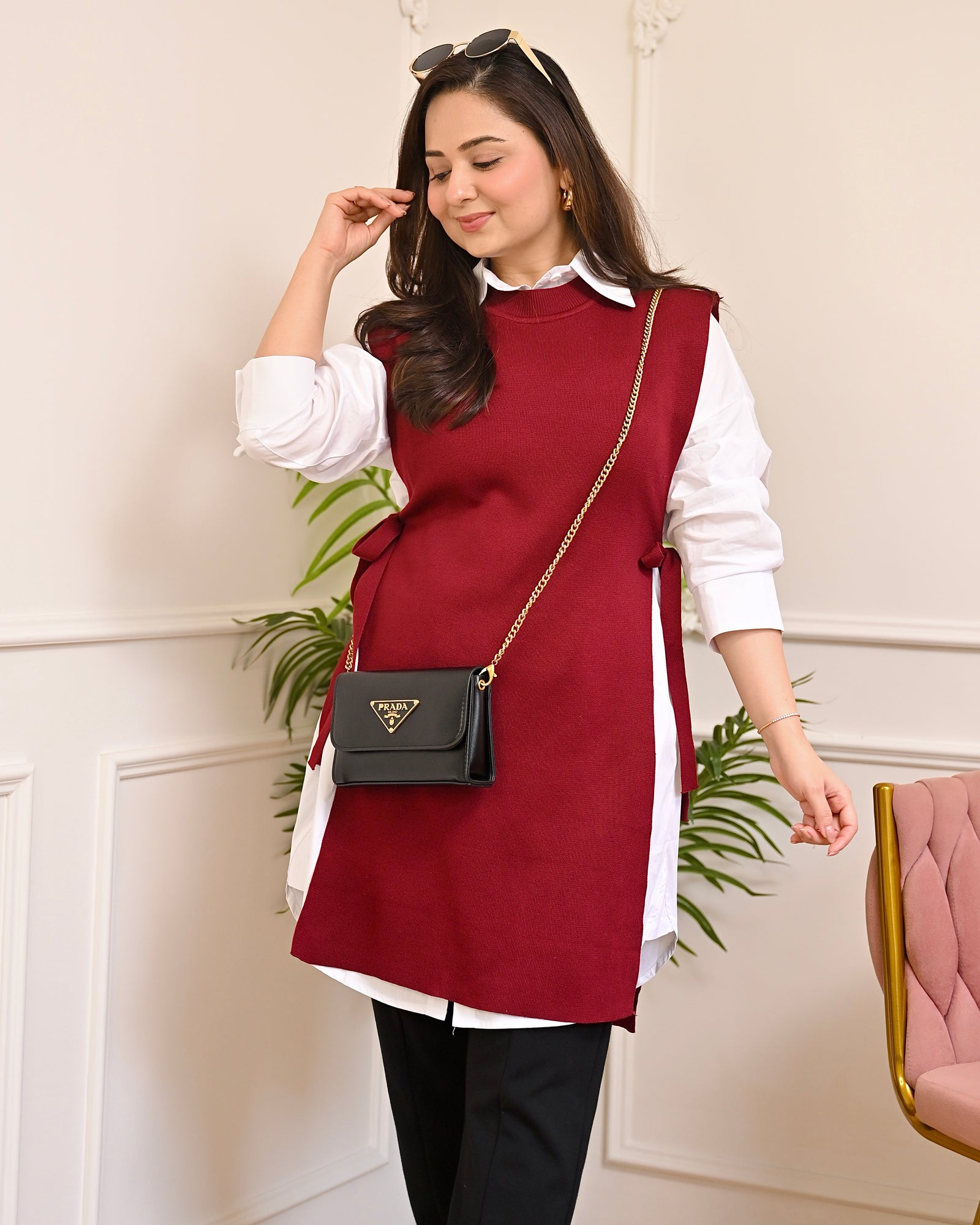 Winter Special Ruby Side Knot Layered Sweater with Cotton Shirt