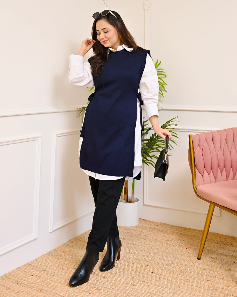 Navy Side-Knot Layered Sweater Shirt