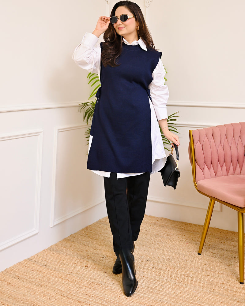 Navy Side-Knot Layered Sweater Shirt