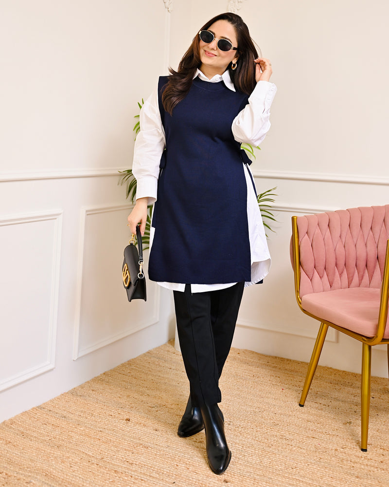 Navy Side-Knot Layered Sweater Shirt