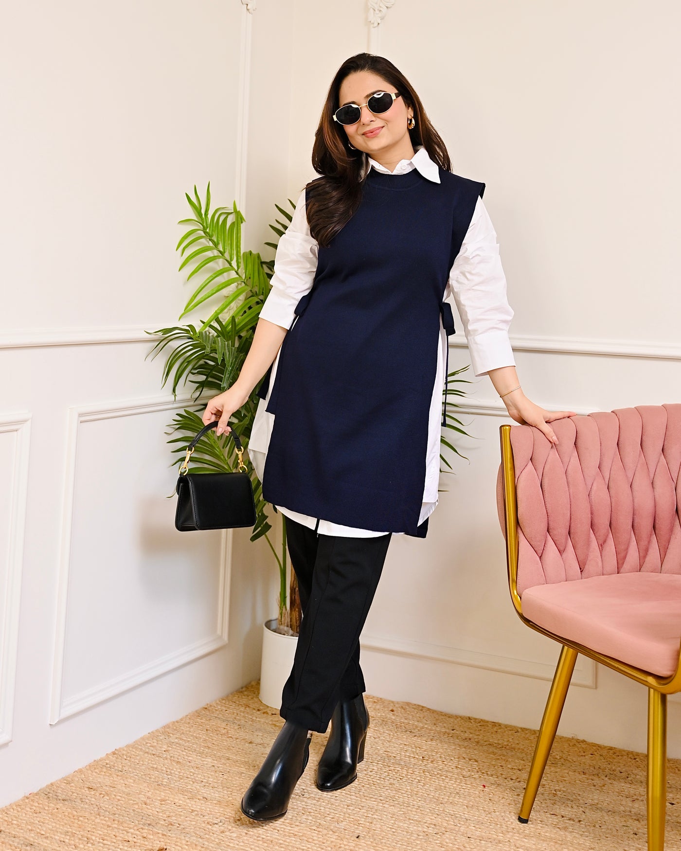 Navy Side-Knot Layered Sweater Shirt