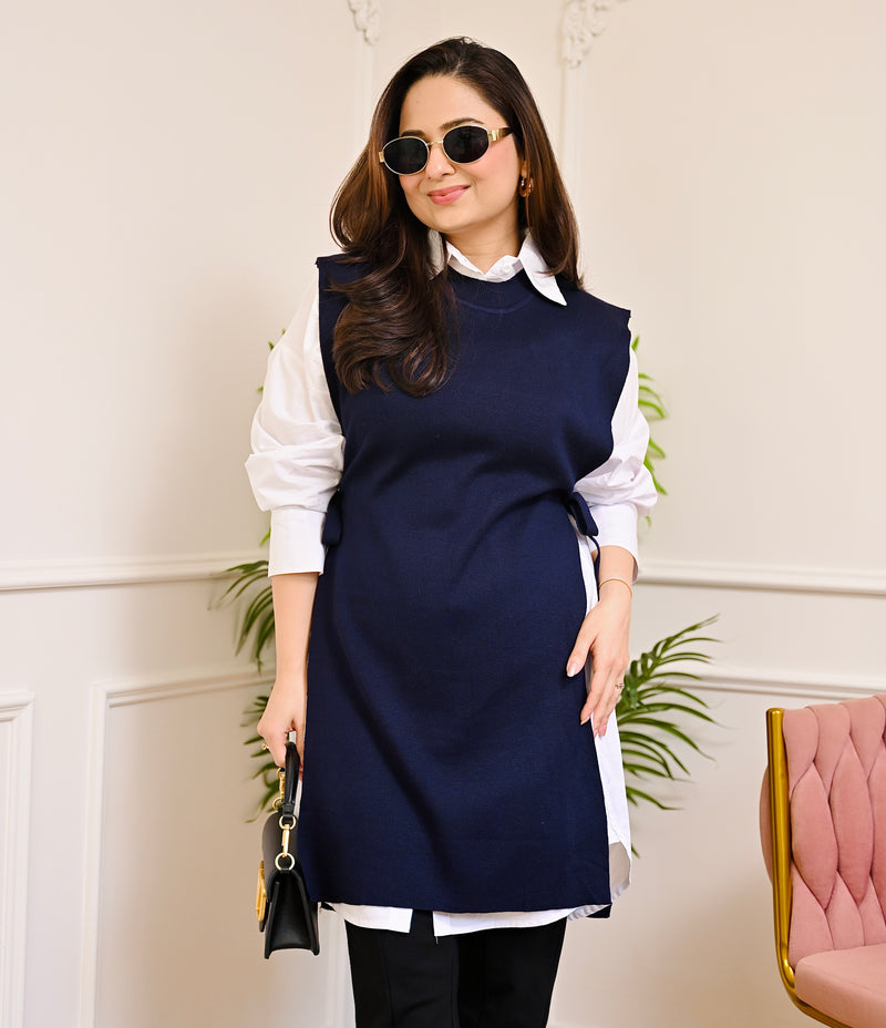 Navy Side-Knot Layered Sweater Shirt