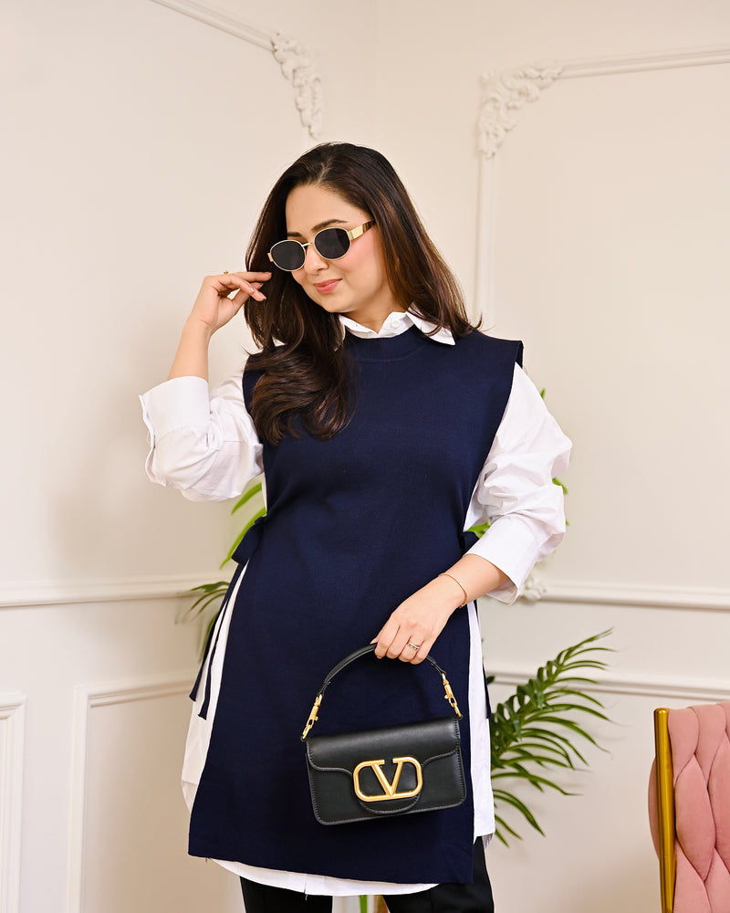 Navy Side-Knot Layered Sweater Shirt