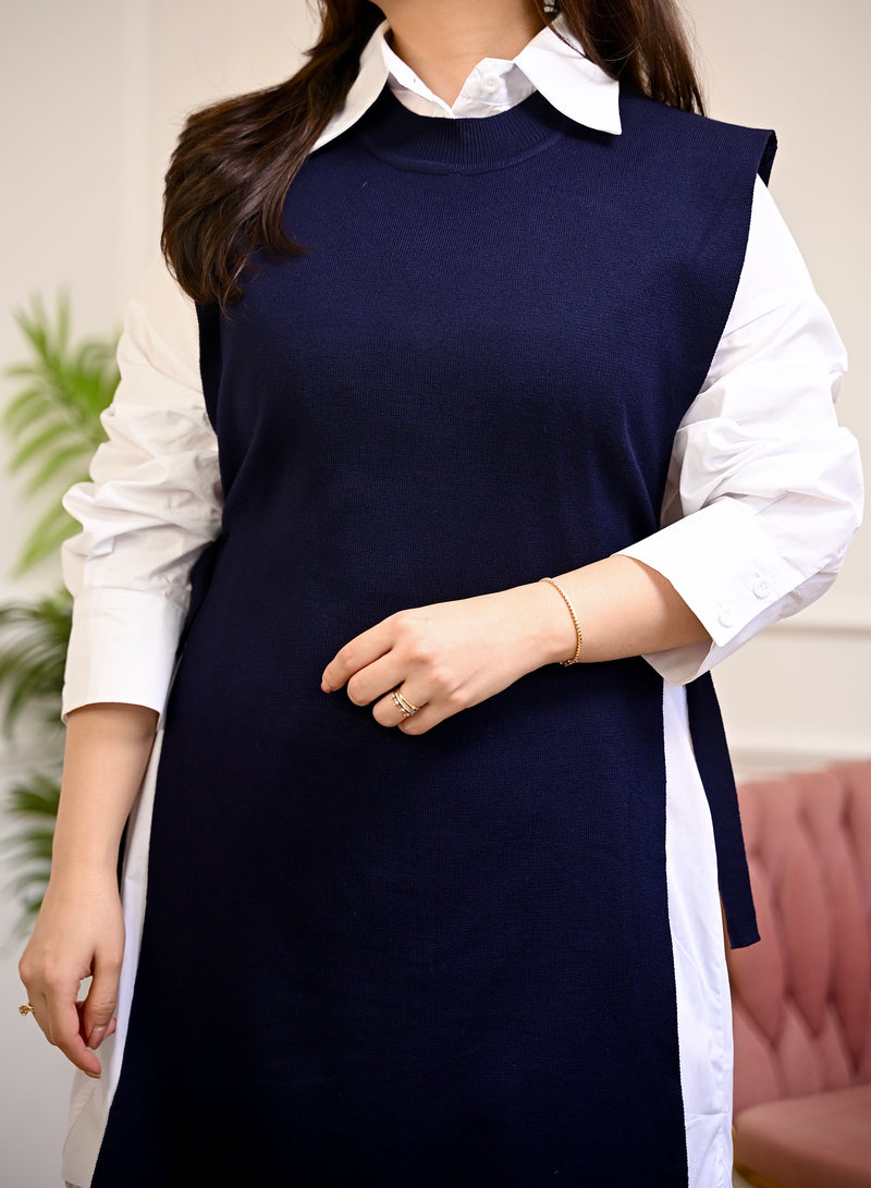 Navy Side-Knot Layered Sweater Shirt