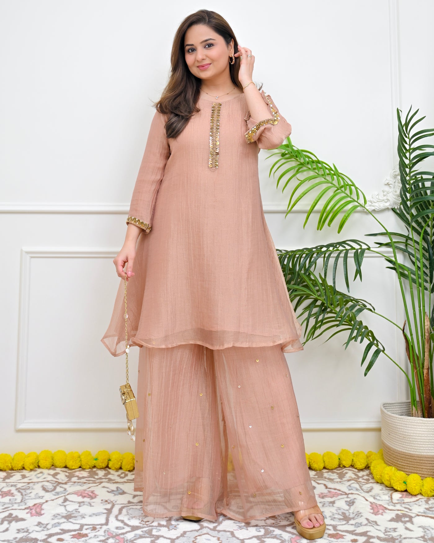 Peach Sunehri Crush Tissue Festive Co-ord