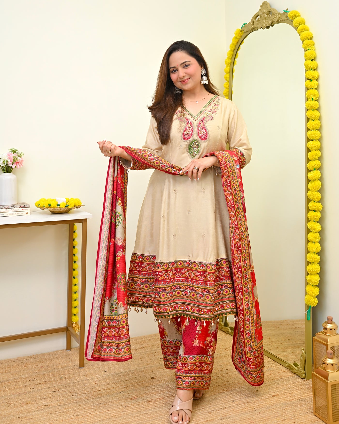 Ivory Gulbagh Noor Handwork Silk A Line Festive Suit
