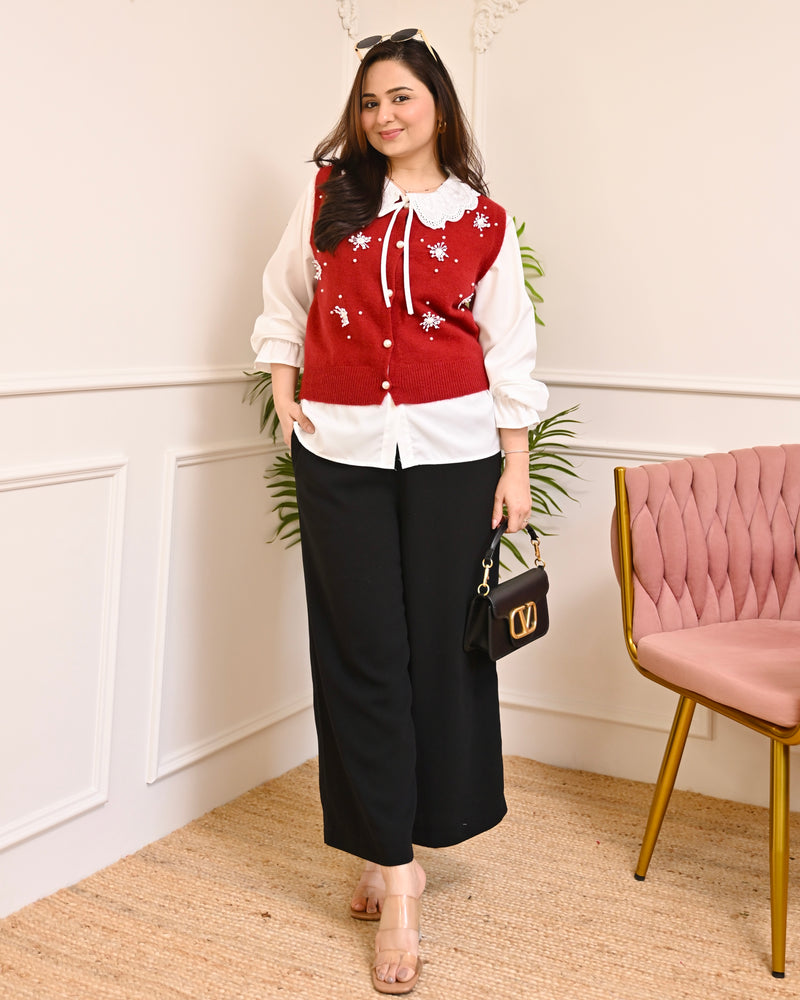 Maroon Snowflake Pearl Sweater Shirt