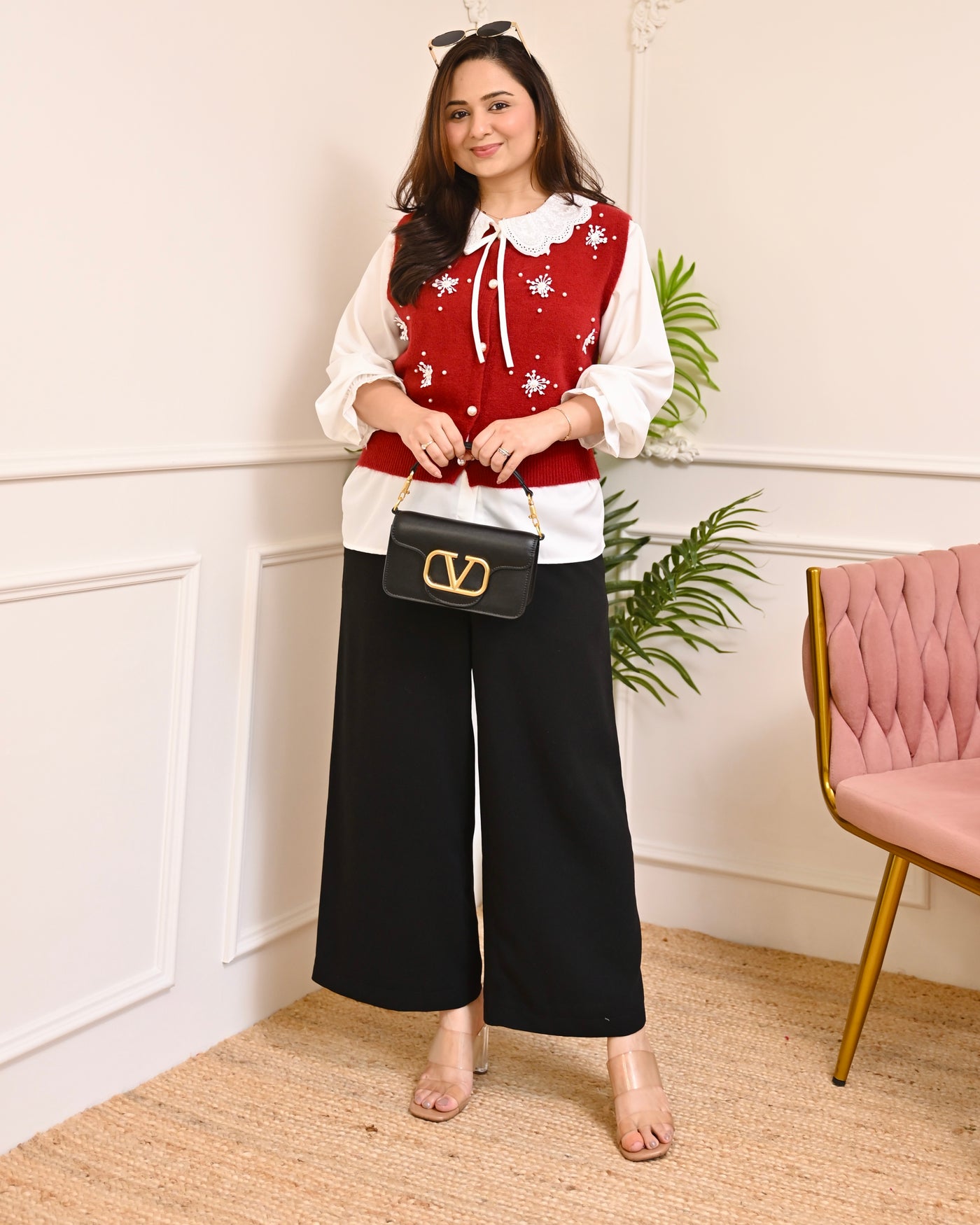 Maroon Snowflake Pearl Sweater Shirt