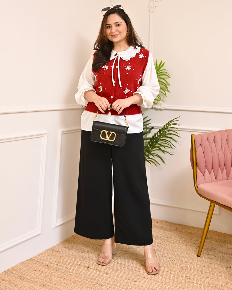 Maroon Snowflake Pearl Sweater Shirt