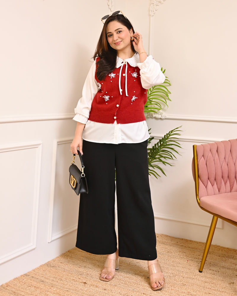 Maroon Snowflake Pearl Sweater Shirt