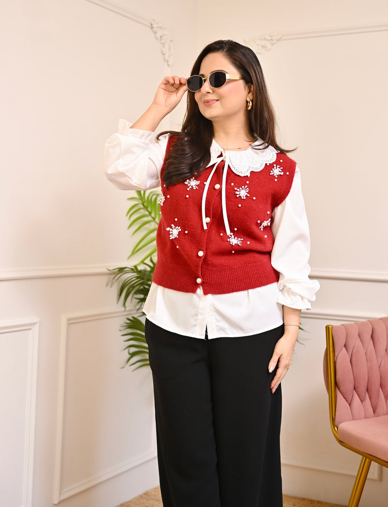 Maroon Snowflake Pearl Sweater Shirt