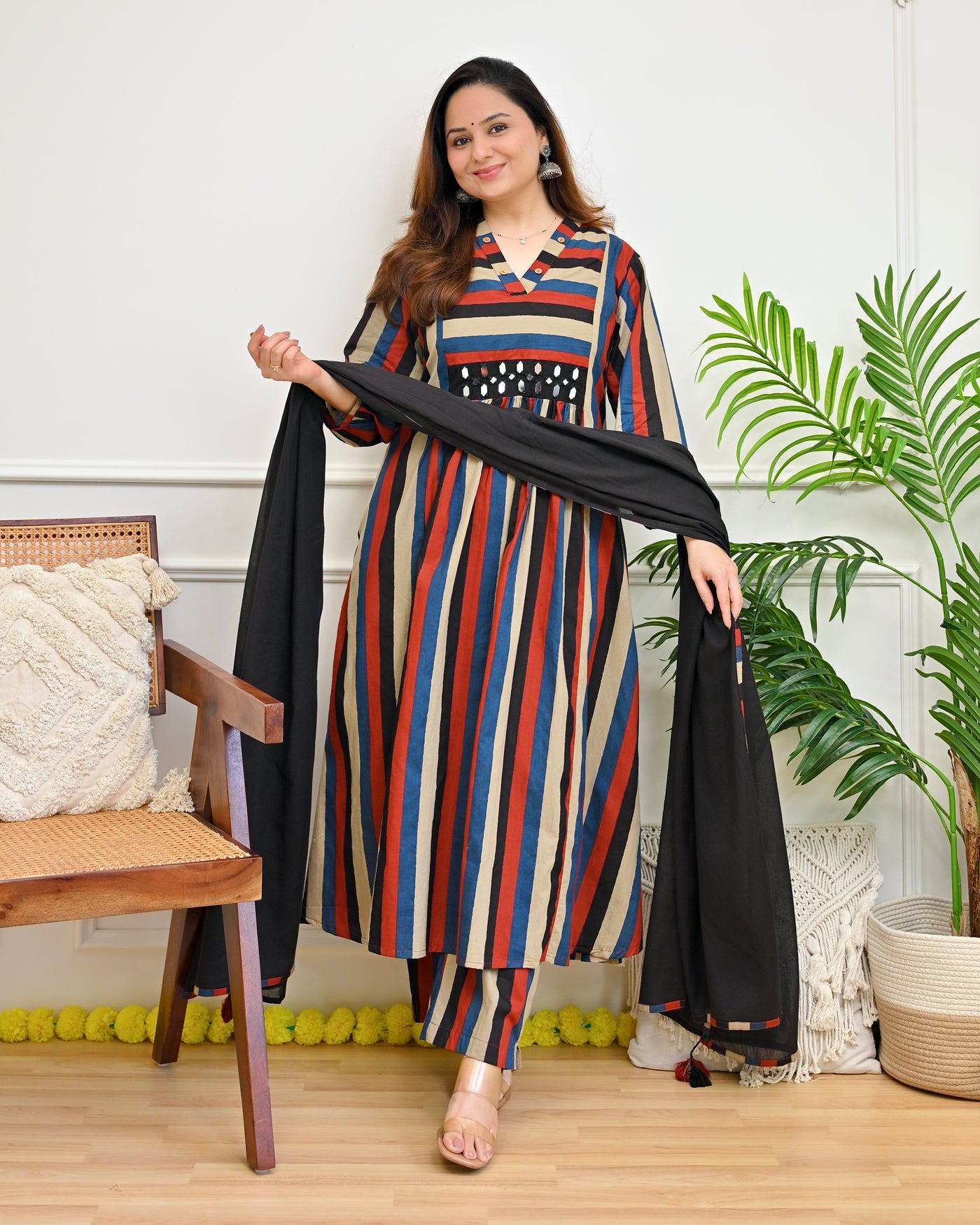 Maroon Black Stripes Mirror A Line Cotton Suit