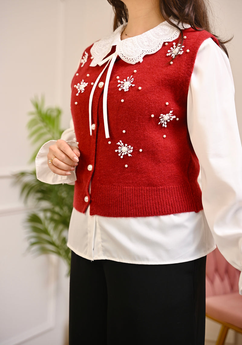 Maroon Snowflake Pearl Sweater Shirt