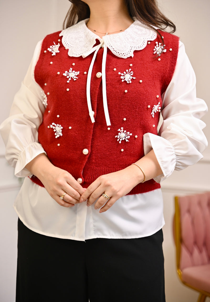 Maroon Snowflake Pearl Sweater Shirt
