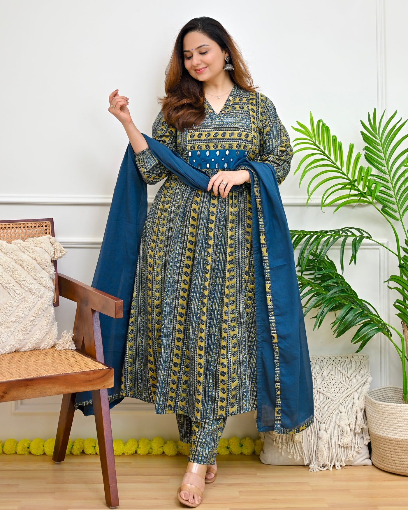Neel Mustard Ajrakh Mirror A Line Cotton Suit