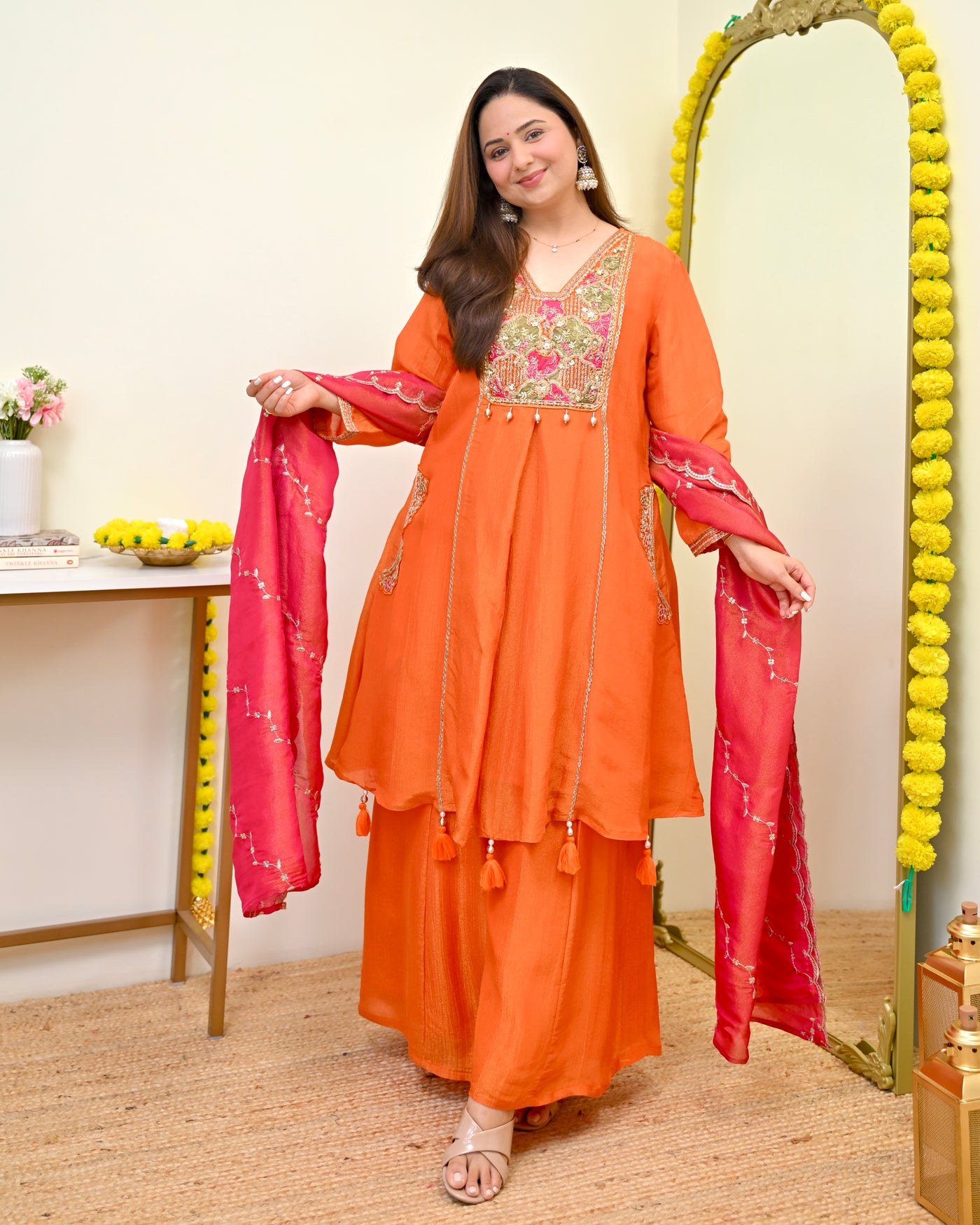 Coral Shimmer Crush Handwork Festive Suit