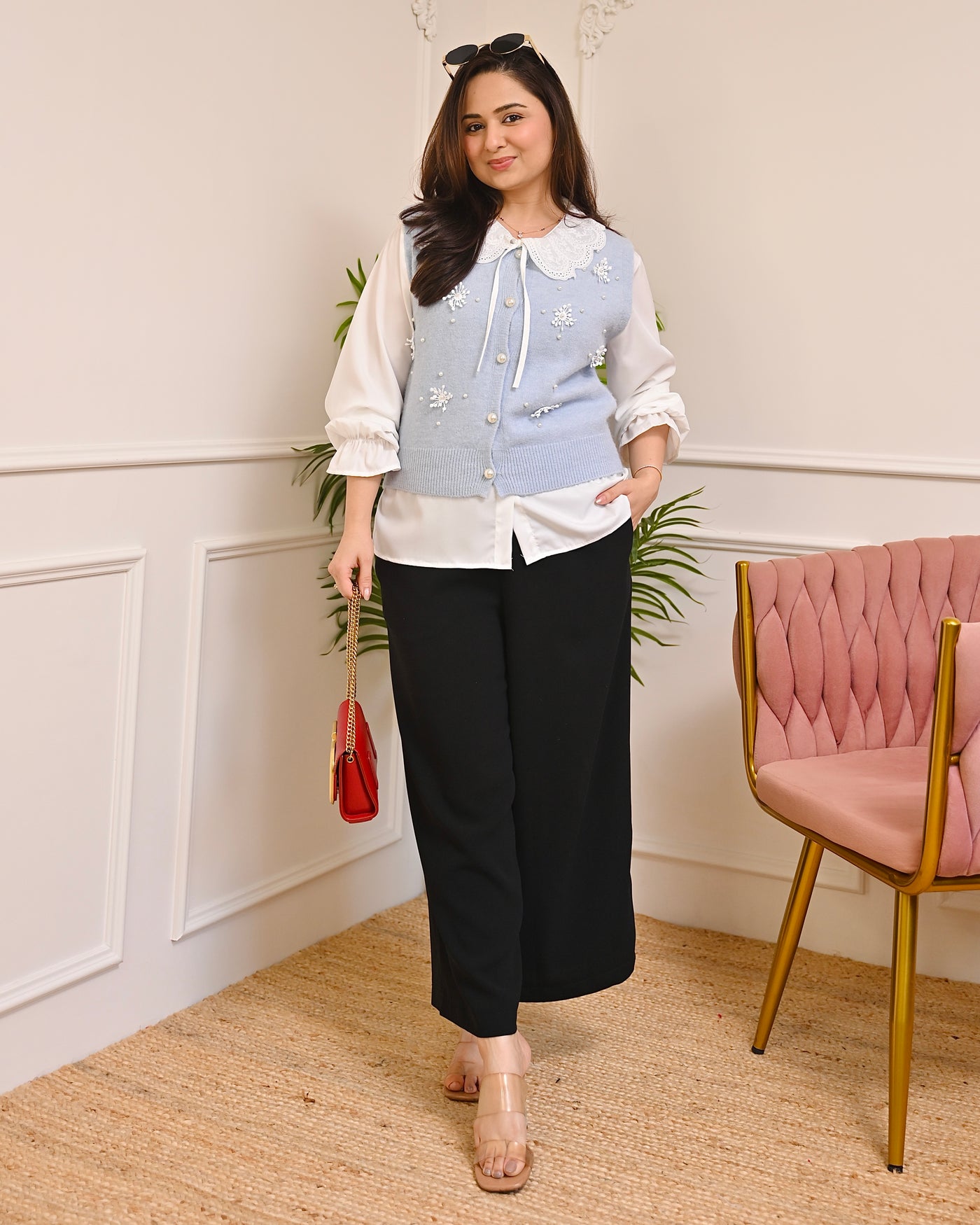 Powder Blue Snowflake Pearl Sweater Shirt