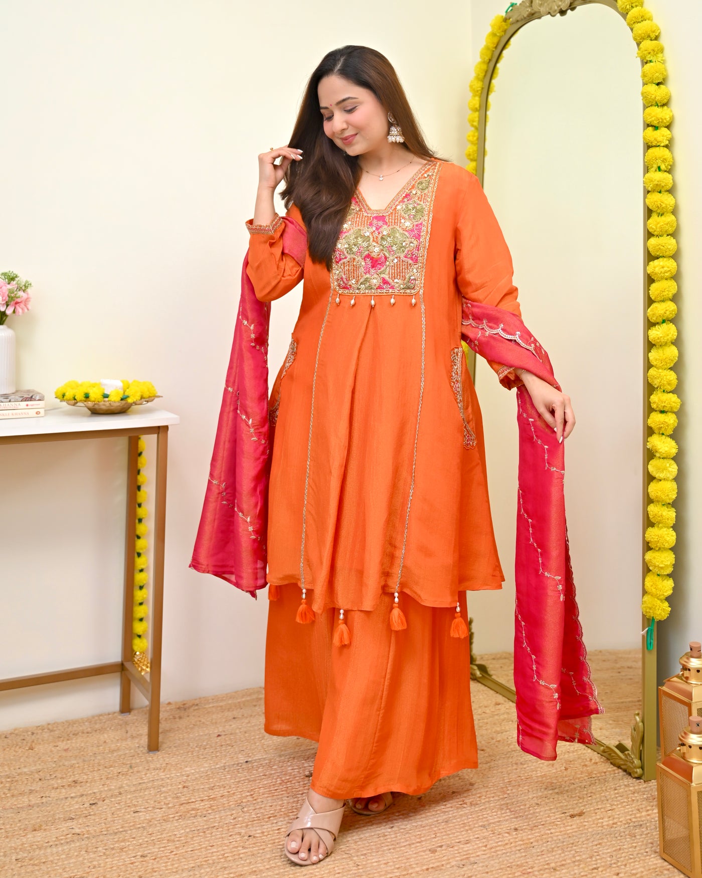 Coral Shimmer Crush Handwork Festive Suit