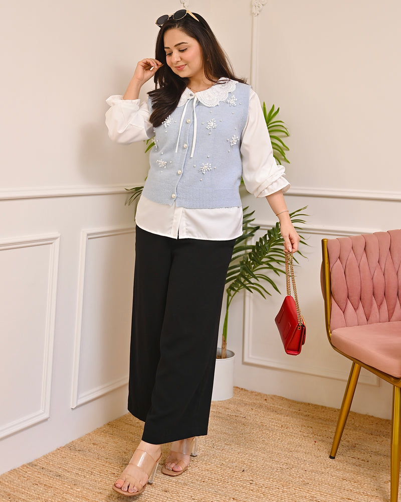 Powder Blue Snowflake Pearl Sweater Shirt