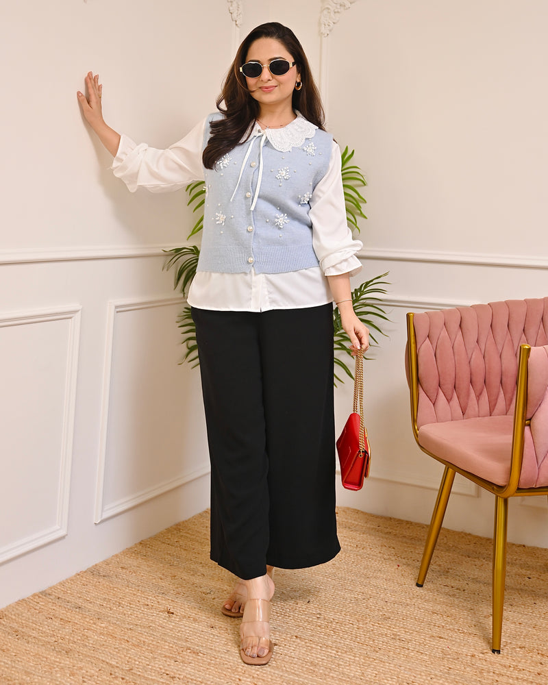 Powder Blue Snowflake Pearl Sweater Shirt