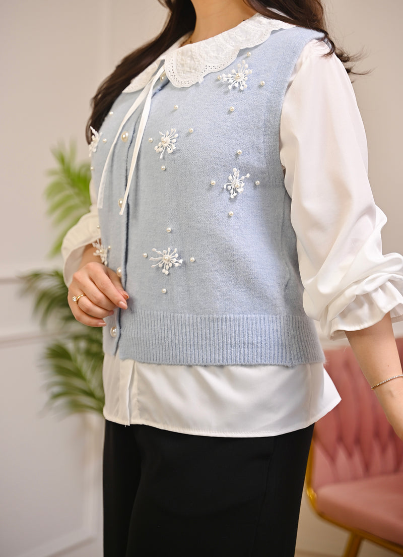 Powder Blue Snowflake Pearl Sweater Shirt