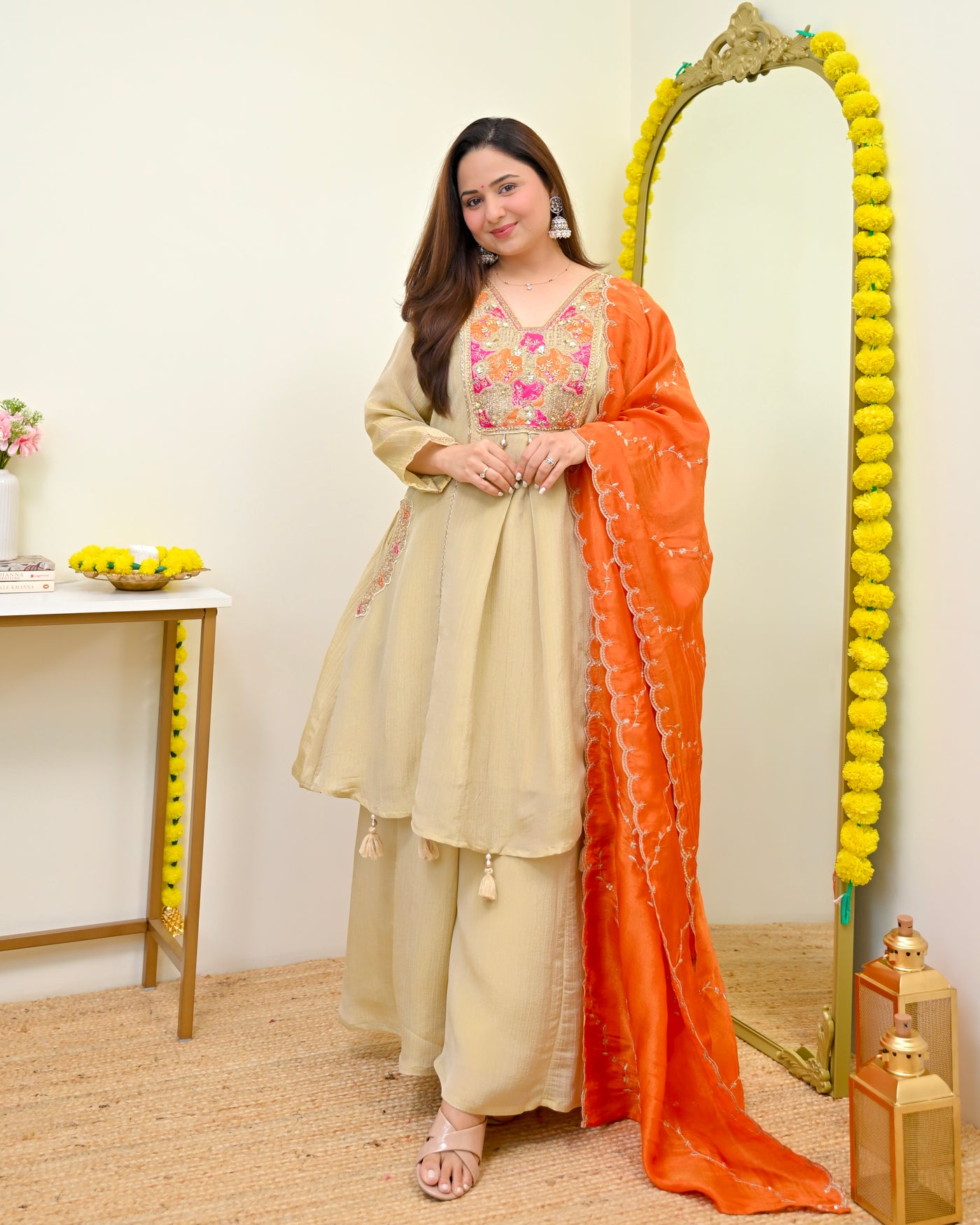 Ivory Kesari Shimmer Crush Handwork Festive Suit