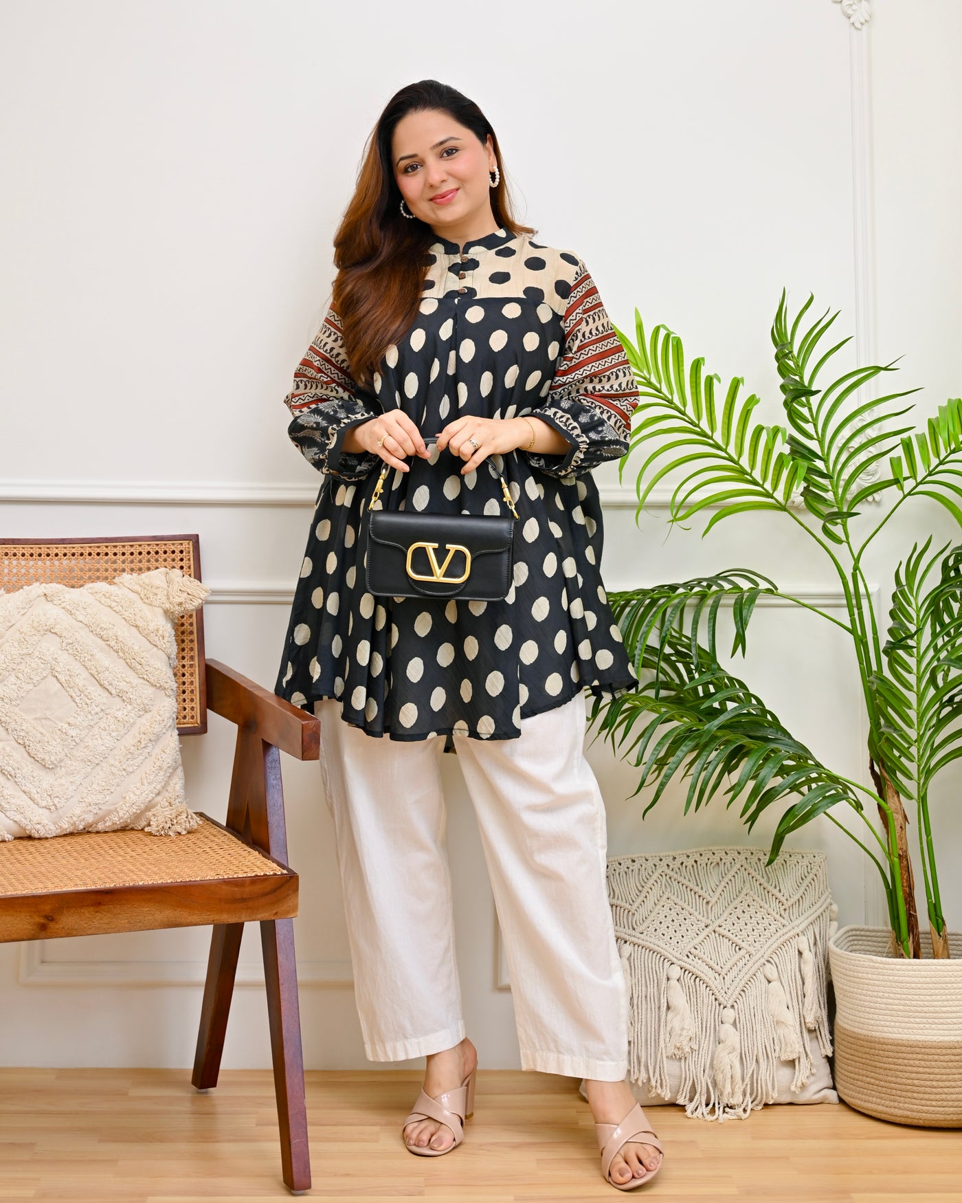 Monochrome Melody Polka Mul Chanderi A Line Tunic