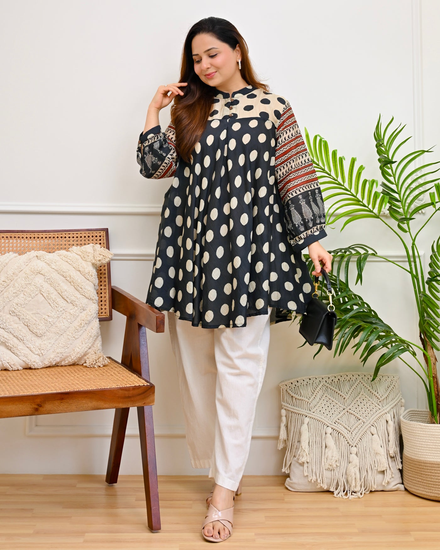 Monochrome Melody Polka Mul Chanderi A Line Tunic