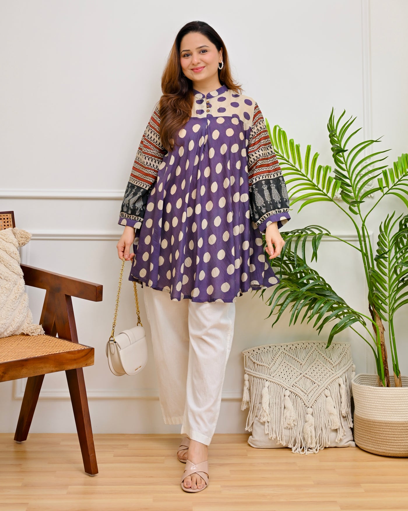 Mulberry Mist Polka Mul Chanderi A Line Tunic