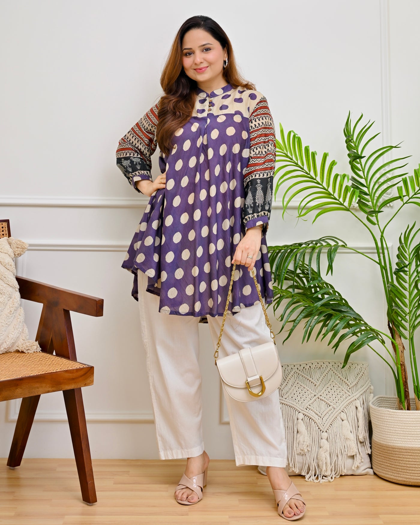 Mulberry Mist Polka Mul Chanderi A Line Tunic