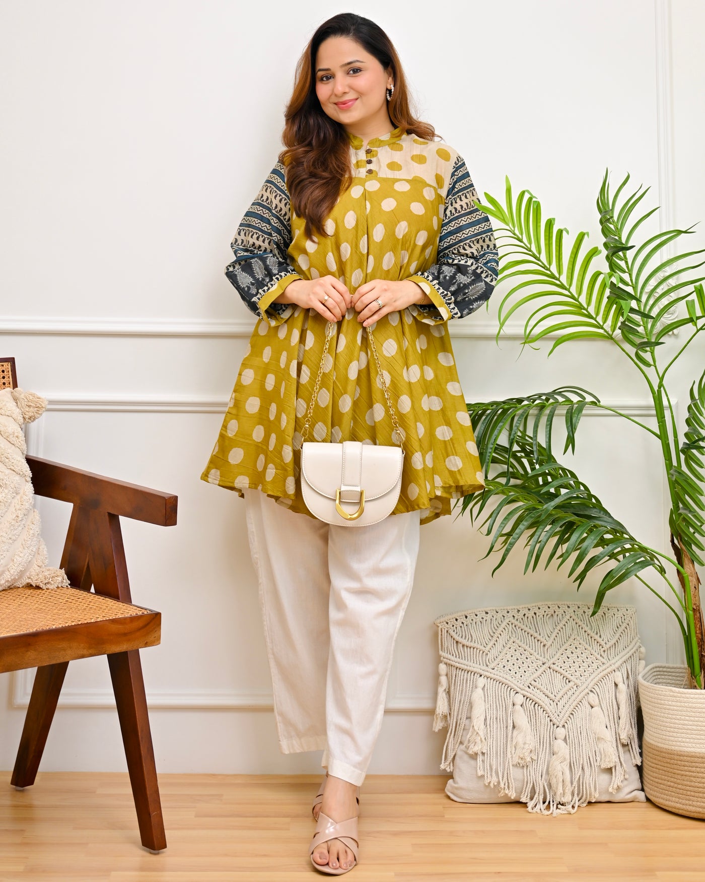 Mustard Melody Polka Mul Chanderi A Line Tunic