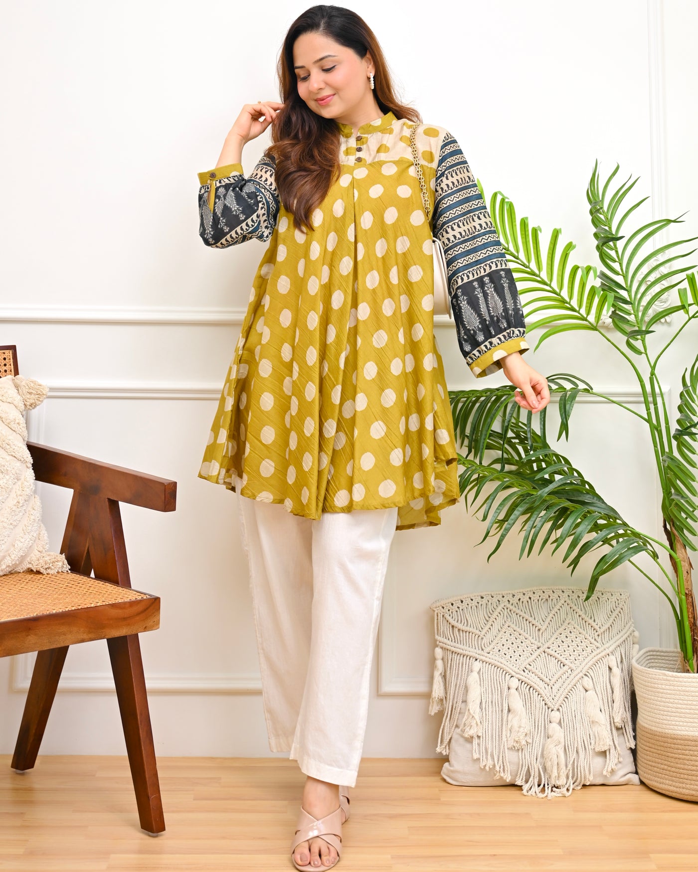 Mustard Melody Polka Mul Chanderi A Line Tunic