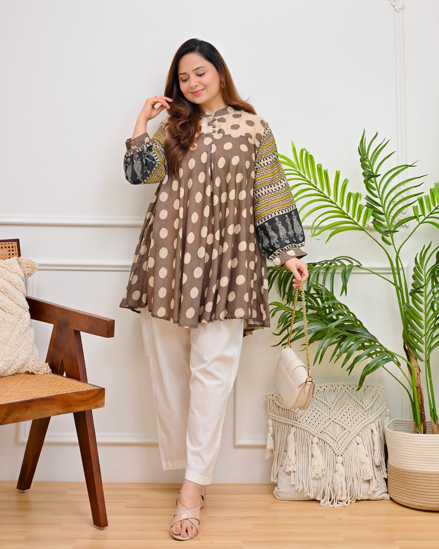 Espresso Charm Polka Mul Chanderi A Line Tunic
